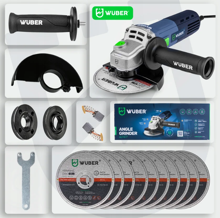 Болгарка (кутова шліфувальна машина) Wuber 1600Вт 125мм + набір 10 дисків 125мм (Польща) оригінал Антоімпорт