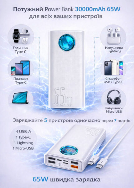 Baseus Amblight 30000mAh 65W White Інфографіка використання