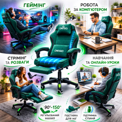 Інфографіка геймерського комп’ютерного крісла DIEGO G2711 Soft Green