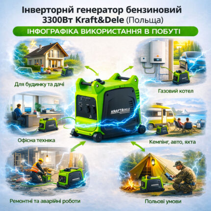 Інфографіка використанні Інверторного генератора бензинового 3300Вт Kraft&Dele (Польща)