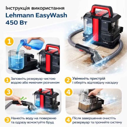 Технічні характеристики Lehmann EasyWash 450 Вт Модель EasyWash Потужність 450 Вт Сила всмоктування 12000 Па Бак для чистої води 1,08 л Бак для брудної води 0,8 л Довжина кабелю 3 м Довжина шланга 1,2 м Рівень шуму до 80 дБ Габарити 31,5 × 24 × 35,5 см Вага 4,5 кг Фільтрація губчастий фільтр Живлення 220–240 В Інструкція використання миючого пилососа Заповніть резервуар чистою водою або миючим розчином Увімкніть пристрій і оберіть відповідну насадку Нанесіть воду на поверхню та одразу всмоктуйте бруд Після завершення очистіть резервуар та промийте систему Кому підійде миючий пилосос Lehmann EasyWash Цей миючий пилосос для дому та автомобіля стане ідеальним вибором для: Власників килимів і м’яких меблів Автовласників, які хочуть підтримувати чистоту салону Сімей з дітьми та домашніми тваринами Тих, хто шукає компактний і ефективний пилосос Купити миючий пилосос Lehmann EasyWash – розумний вибір для чистоти Lehmann EasyWash 450 Вт — це поєднання потужності, компактності та функціональності. Він забезпечує професійний рівень очищення в домашніх умовах, допомагаючи швидко та ефективно підтримувати ідеальну чистоту без зайвих зусиль. Інфографіка
