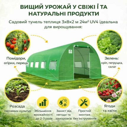 Садовий тунель теплиця 3×8×2 м 24м² UV4 з 2 дверима інфографіка