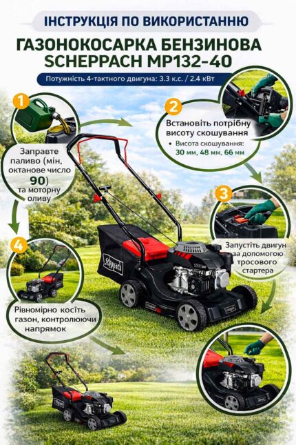 Газонокосарка бензинова Scheppach MP132-40 інфографіка
